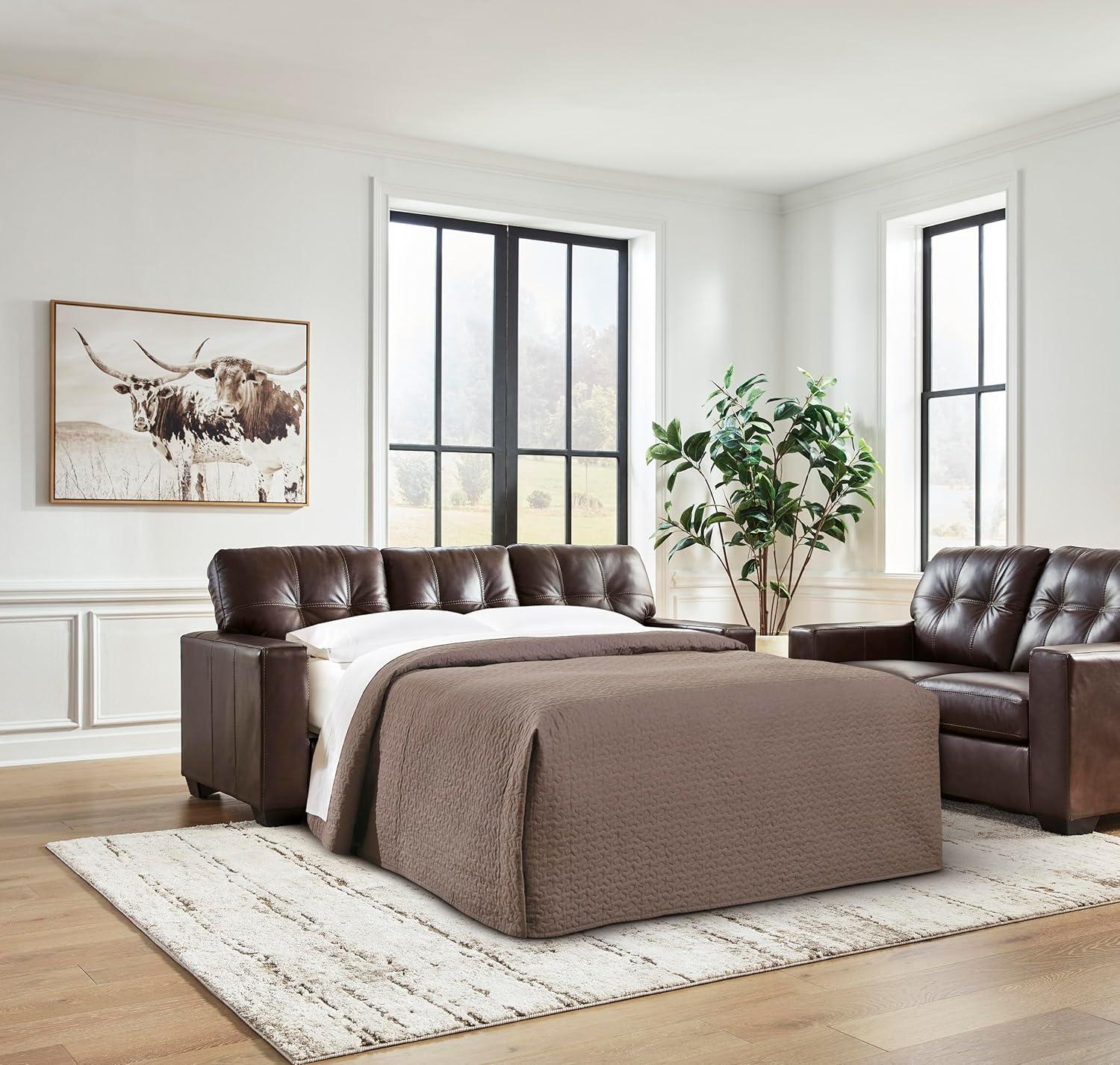 imageSignature Design by Ashley Santorine Classic Leather Match Tufted Sofa Sleeper with BiFold Memory Foam Mattress Queen Dark BrownDark Brown