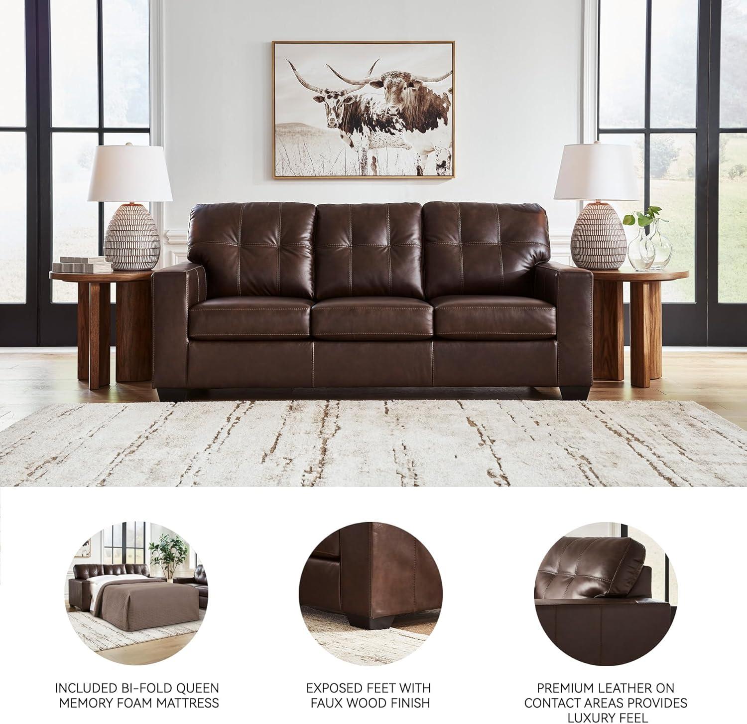 imageSignature Design by Ashley Santorine Classic Leather Match Tufted Sofa Sleeper with BiFold Memory Foam Mattress Queen Dark BrownDark Brown