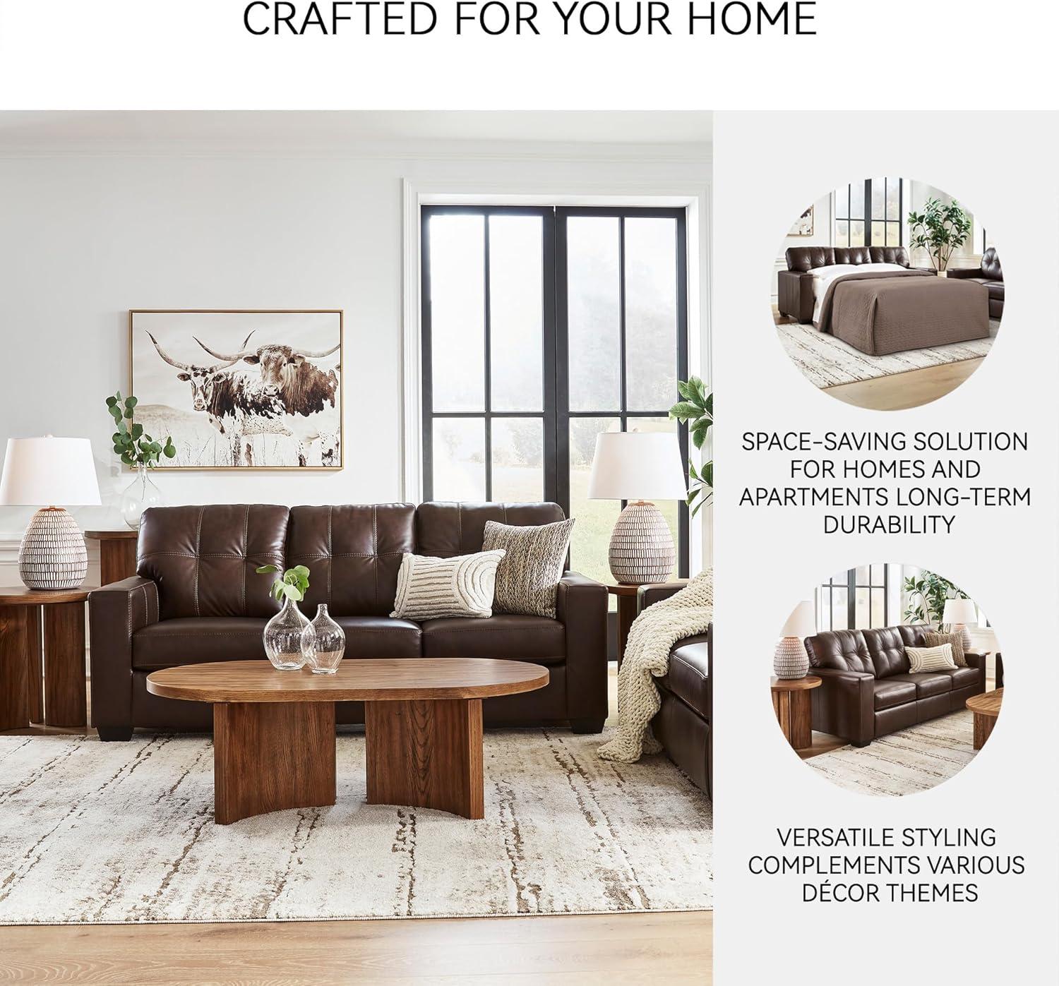 imageSignature Design by Ashley Santorine Classic Leather Match Tufted Sofa Sleeper with BiFold Memory Foam Mattress Queen Dark BrownDark Brown