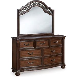 Signature Design by Ashley Porter Traditional Smooth-Gliding 7-Drawer Dresser and Mirror with Safety Stop, Felt-Lined Top Drawers and Pull-Out Tray, Dark Brown(Brown)