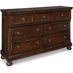 Signature Design by Ashley Porter Traditional Smooth-Gliding 7-Drawer Dresser and Mirror with Safety Stop, Felt-Lined Top Drawers and Pull-Out Tray, Dark Brown(Dark Brown)