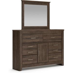 Signature Design by Ashley Porter Traditional Smooth-Gliding 7-Drawer Dresser and Mirror with Safety Stop, Felt-Lined Top Drawers and Pull-Out Tray, Dark Brown(Natural Brown)
