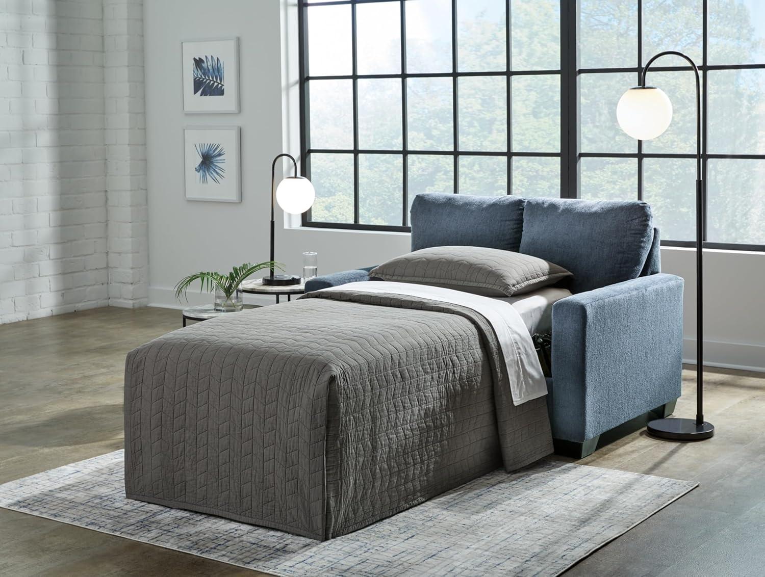 imageSignature Design by Ashley Rannis Coastal 2in1 Sofa Sleeper with Folding Gel Memory Foam Mattress Twin Blue