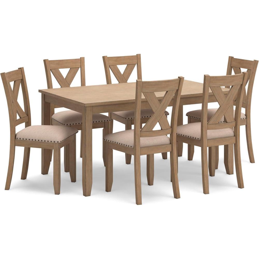 imageSignature Design by Ashley Sanbriar Casual Dining Table and Upholstered Chairs with Nailhead Trim Set of 7 Light Brown ampamp BeigeLight Brown