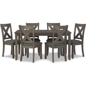Signature Design by Ashley Sanbriar Casual Dining Table and Upholstered Chairs with Nailhead Trim, Set of 7, Light Brown & Beige(Dark Gray)
