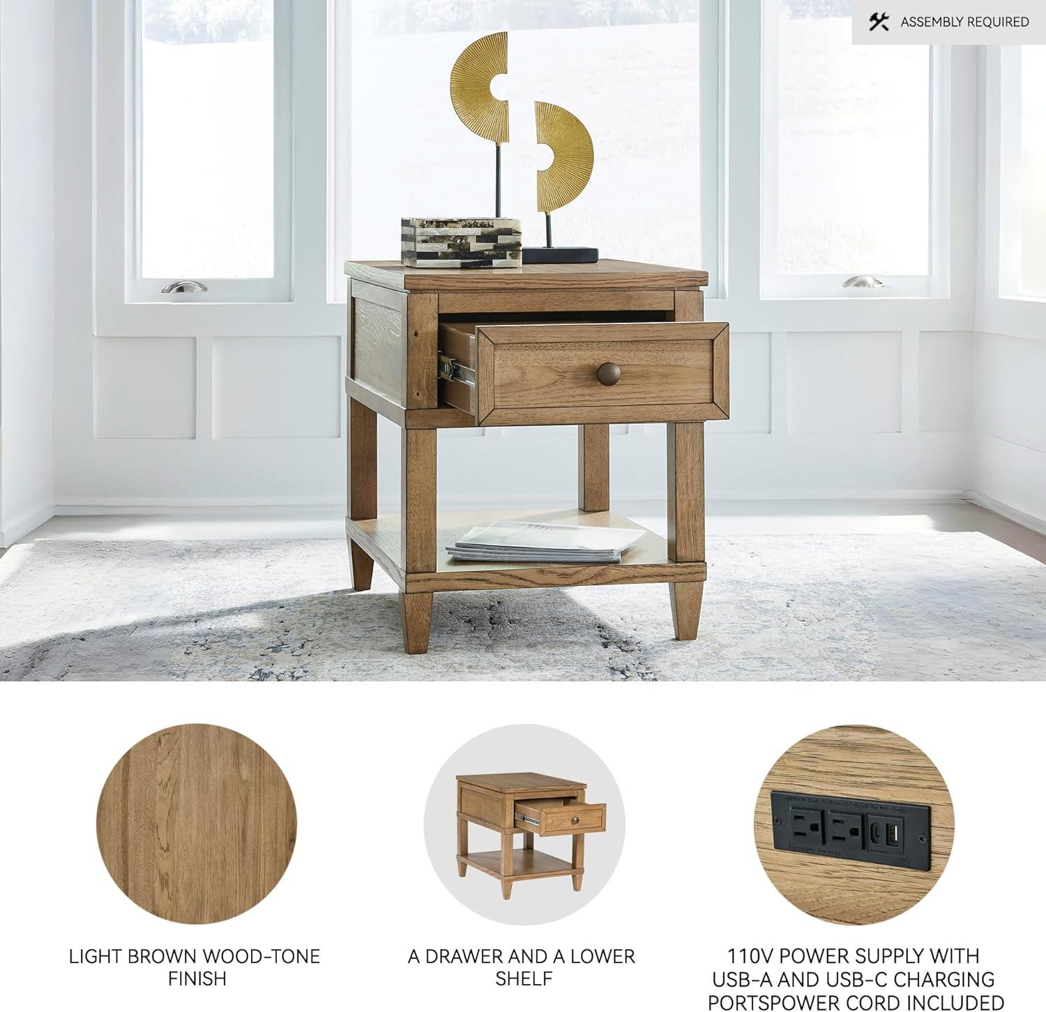 imageSignature Design by Ashley Sharlance Transitional 1Drawer End Table with Lower Shelf Power Supply and USB Ports UL Listed Dark Brown Drawer Pulls Light BrownLight Brown