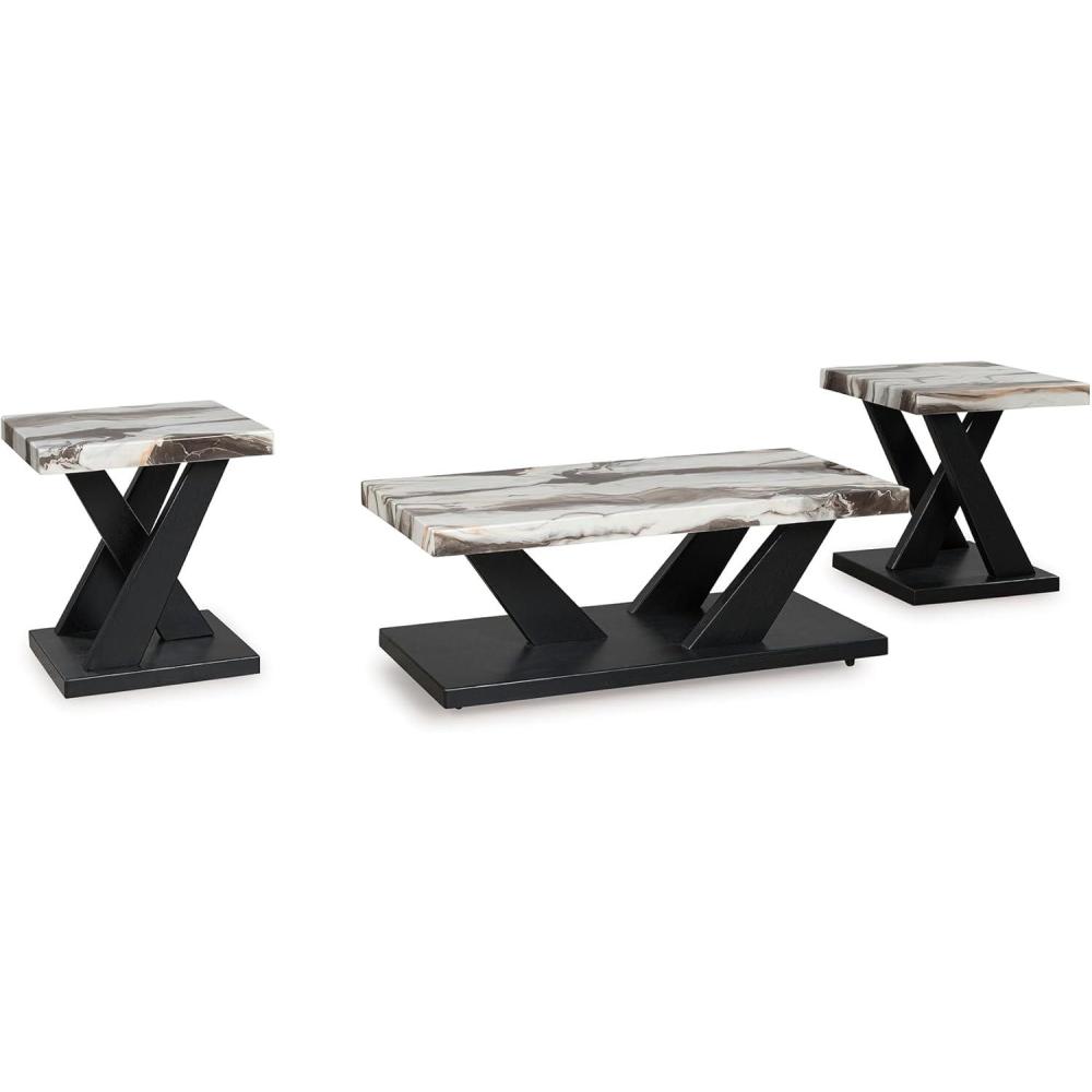imageSignature Design by Ashley Cendill Contemporary Faux Marble Table with Casters Set of 3 White ampamp Black