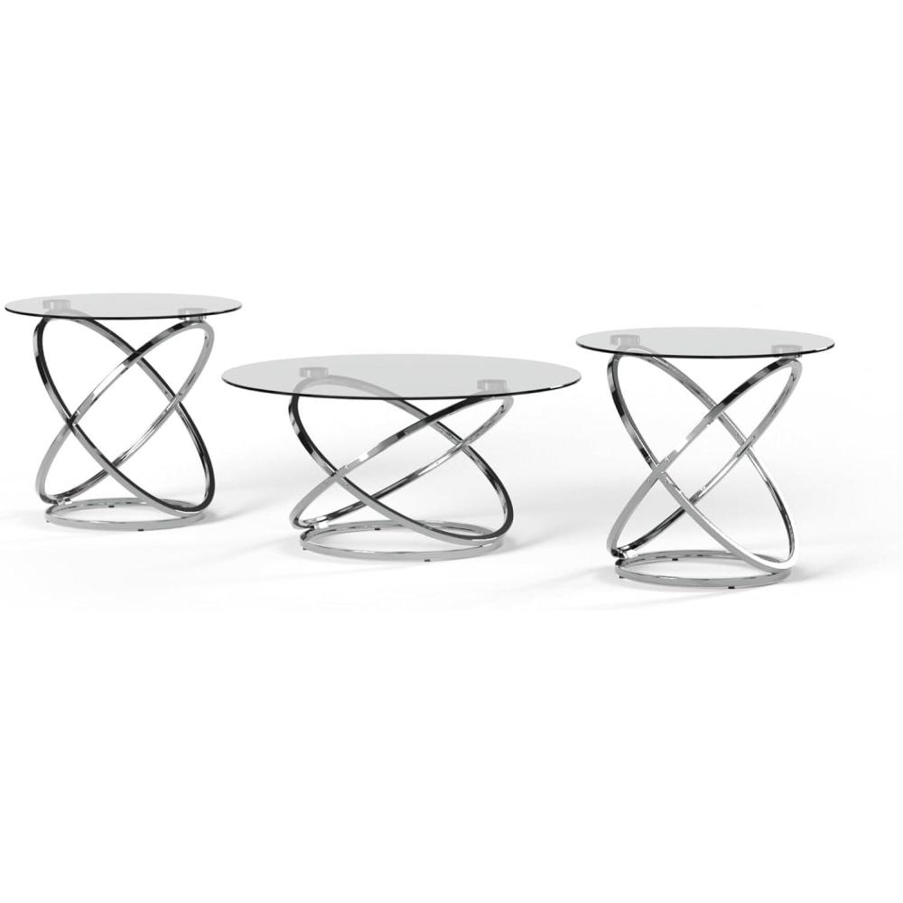 imageSignature Design by Ashley Hollynyx Contemporary Round 3Piece Occasional Table Set Includes Coffee Table and 2 End Tables Chrome