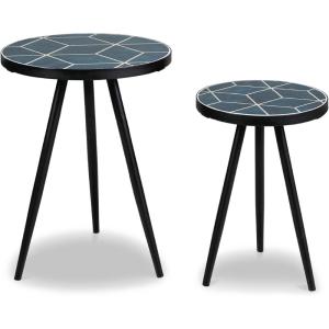 Signature Design by Ashley Clairbelle Contemporary Nesting Diamond Pattern Accent Table, Set of 2, Blue