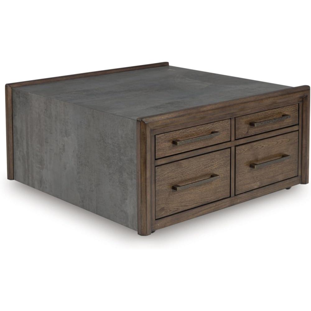 imageSignature Design by Ashley Kallenny Contemporary 8Drawer Coffee Table with Faux Cement Top and Casters Dark Brown ampamp Gray