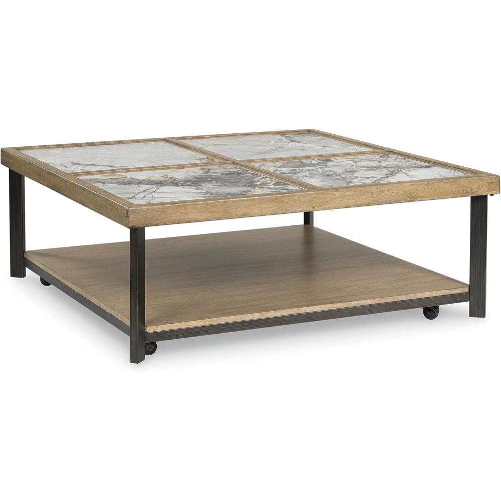 imageSignature Design by Ashley Montia Contemporary Sintered Stone Tabletop Cocktail Table with 4 Legs Light Brown ampamp Gray