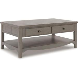 Signature Design by Ashley Charina Classic Cocktail Table with 2 Drawers and Open Lower Shelf, Light Gray