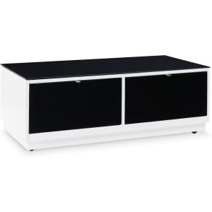 Signature Design by Ashley Gardoni Modern Glass-Tabletop Coffee Table with 2 Drawers, Open Shelf, Casters and High Gloss Finish, White & Black