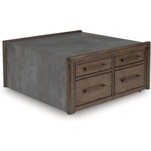 Signature Design by Ashley Kallenny Contemporary 8-Drawer Coffee Table with Faux Cement Top and Casters, Dark Brown & Gray