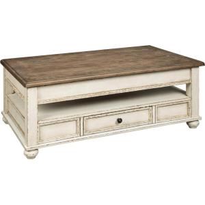 Signature Design by Ashley Realyn Vintage Farmhouse Rectangular Lift Top Coffee Table with Storage Drawer, White & Brown(White Wash)