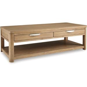 Signature Design by Ashley Rencott Classic 2-Drawer Wire-Brushed Coffee Table with 1 Lower Shelf, Casters and Shaped Posts, Light Brown
