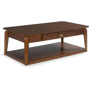Signature Design by Ashley Trenmour Mid-Century Modern Coffee Table with 1 Drawer, Lower Open Shelf and Casters, Light Brown