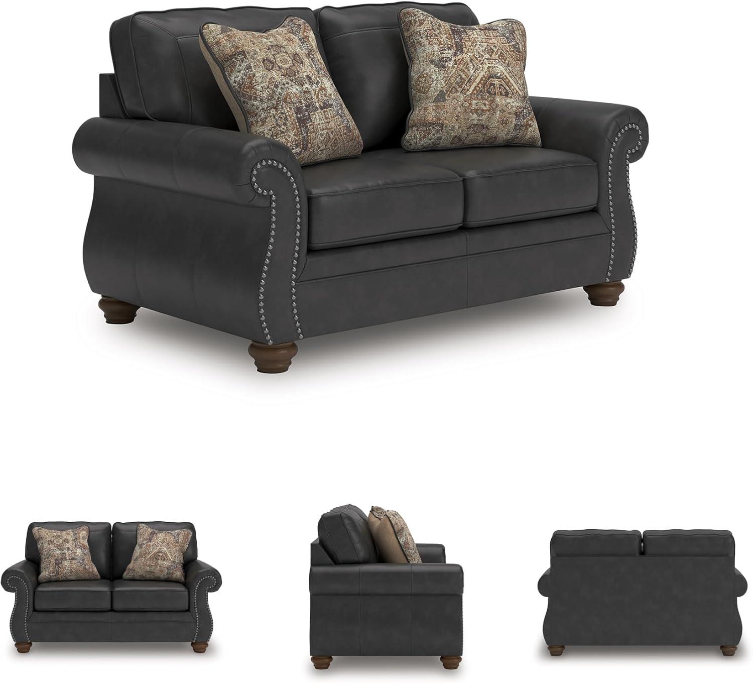 imageSignature Design by Ashley Chatterton Rustic Faux Leather Loveseat with Nailhead Trim and 2 Throw Pillows Reinforced Frame for Added Stability Reversible Seat Cushions Turned Legs BlackBlack