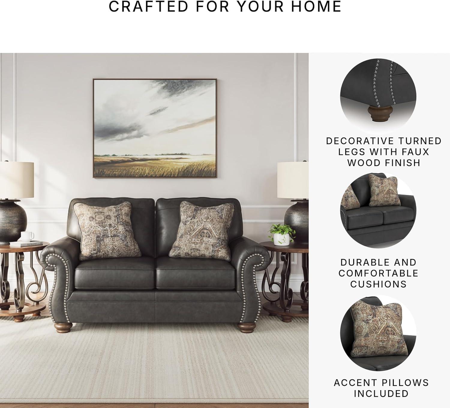 imageSignature Design by Ashley Chatterton Rustic Faux Leather Loveseat with Nailhead Trim and 2 Throw Pillows Reinforced Frame for Added Stability Reversible Seat Cushions Turned Legs BlackBlack