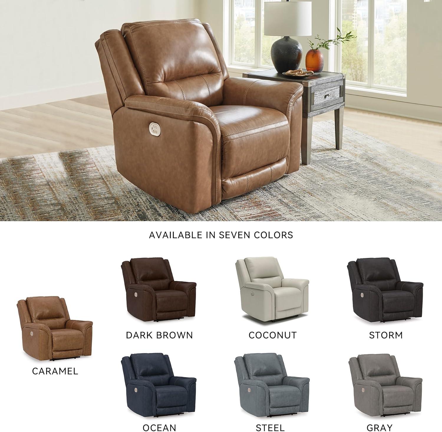 imageSignature Design by Ashley Trasimeno Contemporary Leather Match Wall Hugger Power Recliner with Adjustable Headrest and USB Ports Light Brown
