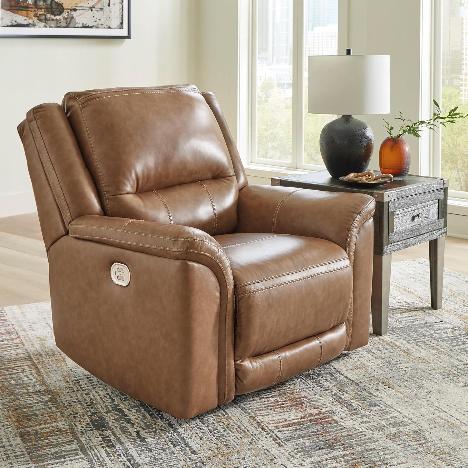 imageSignature Design by Ashley Trasimeno Contemporary Leather Match Wall Hugger Power Recliner with Adjustable Headrest and USB Ports Light Brown