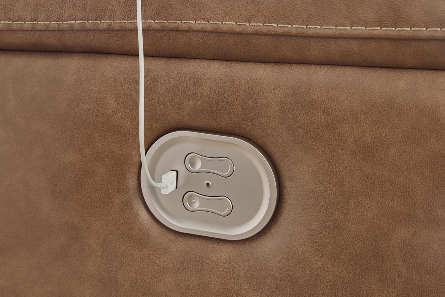 imageSignature Design by Ashley Trasimeno Contemporary Leather Match Wall Hugger Power Recliner with Adjustable Headrest and USB Ports Light Brown