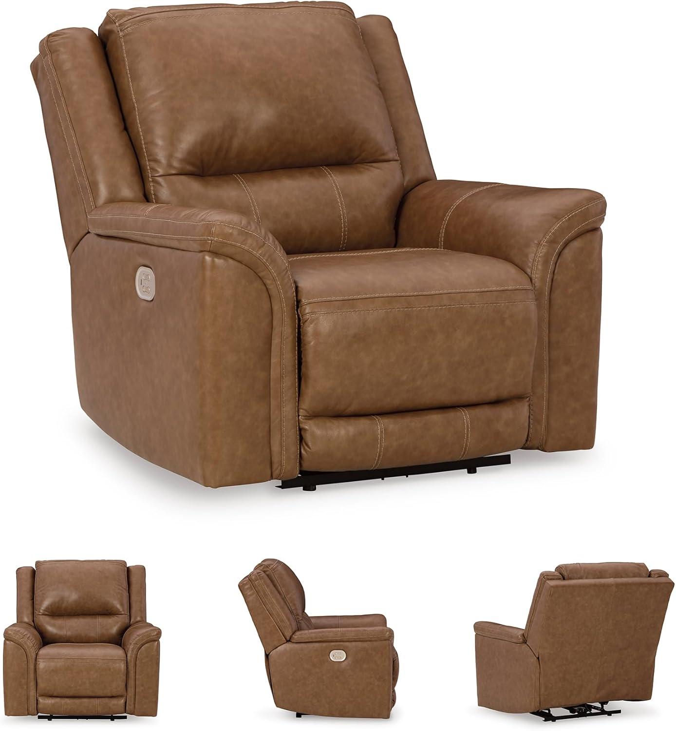 imageSignature Design by Ashley Trasimeno Contemporary Leather Match Wall Hugger Power Recliner with Adjustable Headrest and USB Ports Light Brown