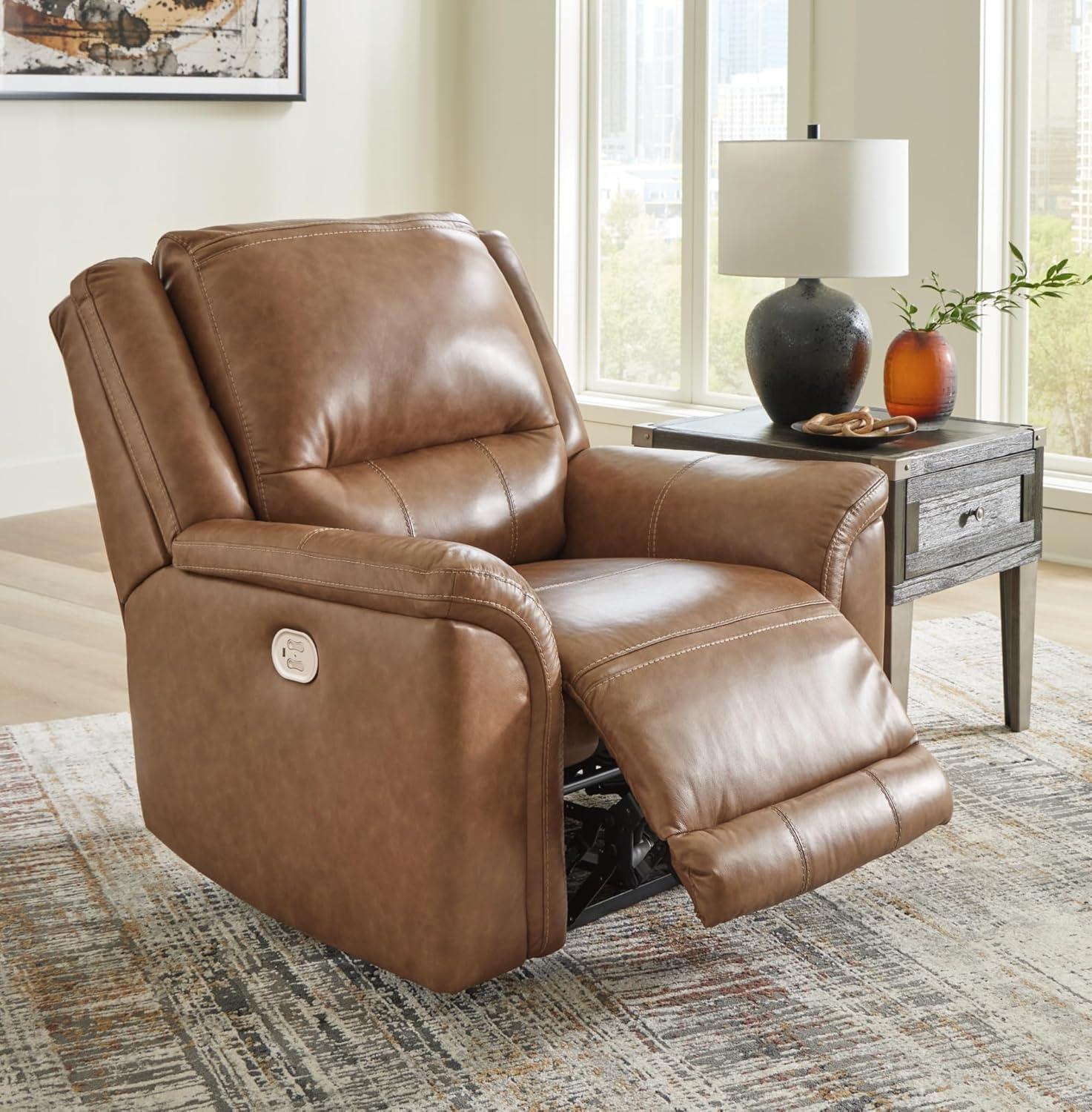 imageSignature Design by Ashley Trasimeno Contemporary Leather Match Wall Hugger Power Recliner with Adjustable Headrest and USB Ports Light Brown