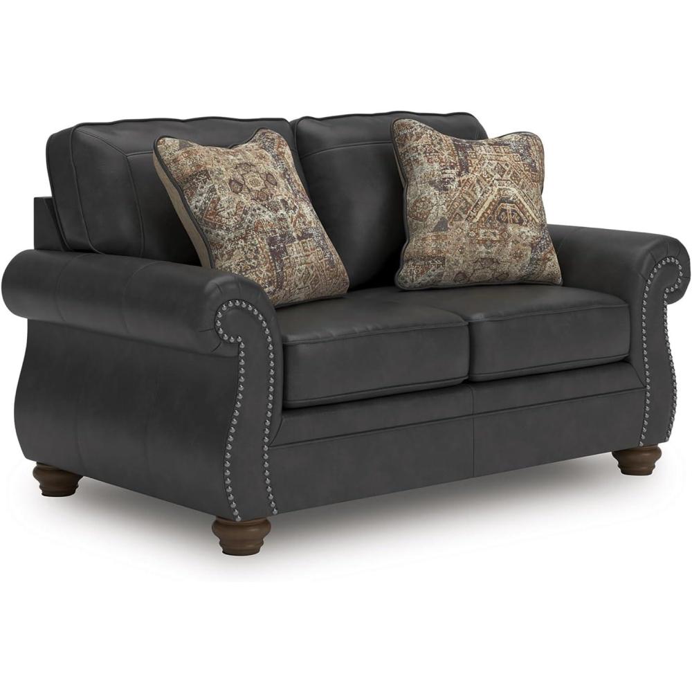 imageSignature Design by Ashley Chatterton Rustic Faux Leather Loveseat with Nailhead Trim and 2 Throw Pillows Reinforced Frame for Added Stability Reversible Seat Cushions Turned Legs BlackBlack