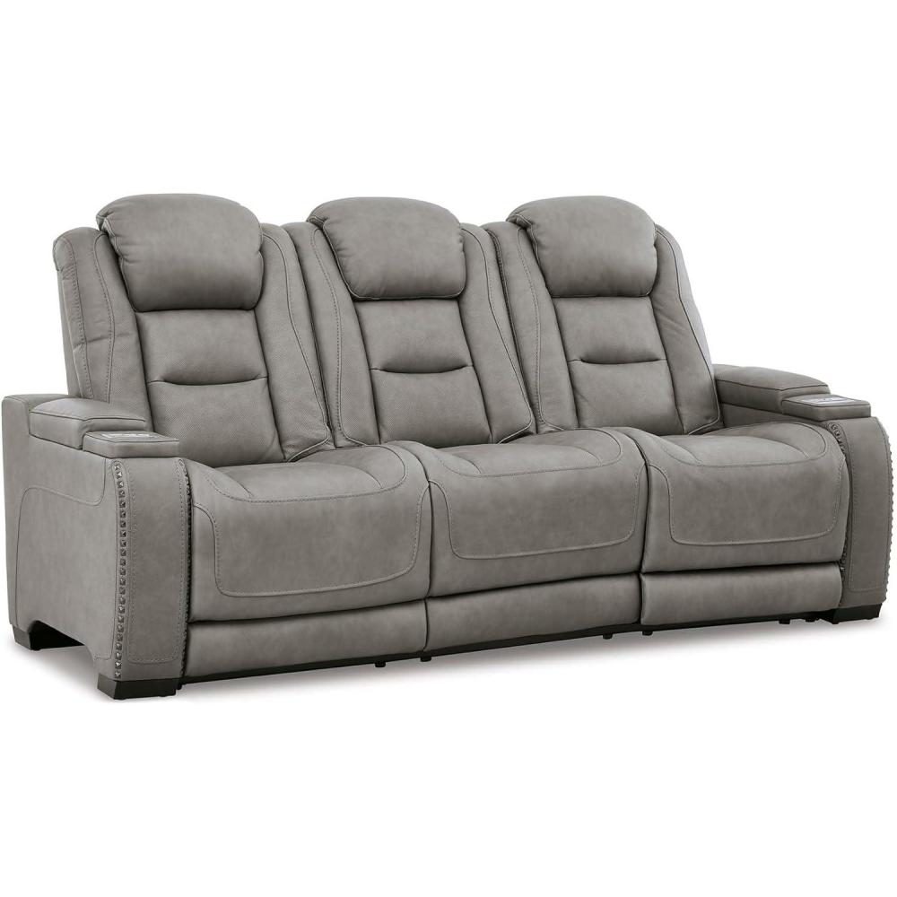 imageSignature Design by Ashley The ManDen Leather Power Reclining Sofa with Adjustable Headrests ampamp Wireless Charging GrayGrey