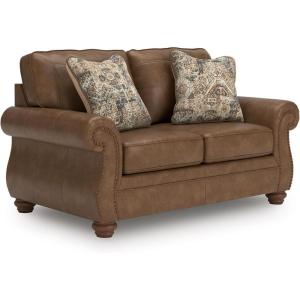 Signature Design by Ashley Chatterton Rustic Faux Leather Loveseat with Nailhead Trim and 2 Throw Pillows, Reinforced Frame for Added Stability, Reversible Seat Cushions, Turned Legs, Black(Brown)