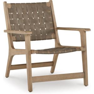 Signature Design by Ashley Jameset Mid-Century Modern Accent Chair with Foot Rest, Leather Woven Strips and Tight Seat, Light Brown