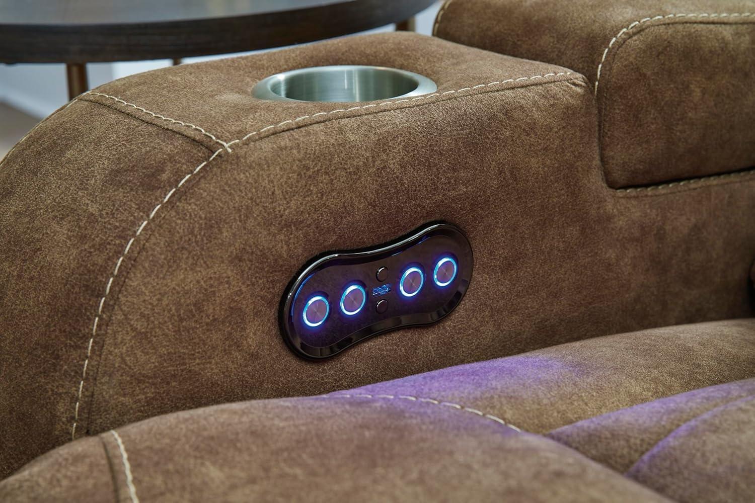 imageSignature Design by Ashley Caveman Den Modern Faux Leather Wall Hugger Power Recliner with Adjustable Headrest Storage Wireless USB Ports and LED Lights BlackBrown