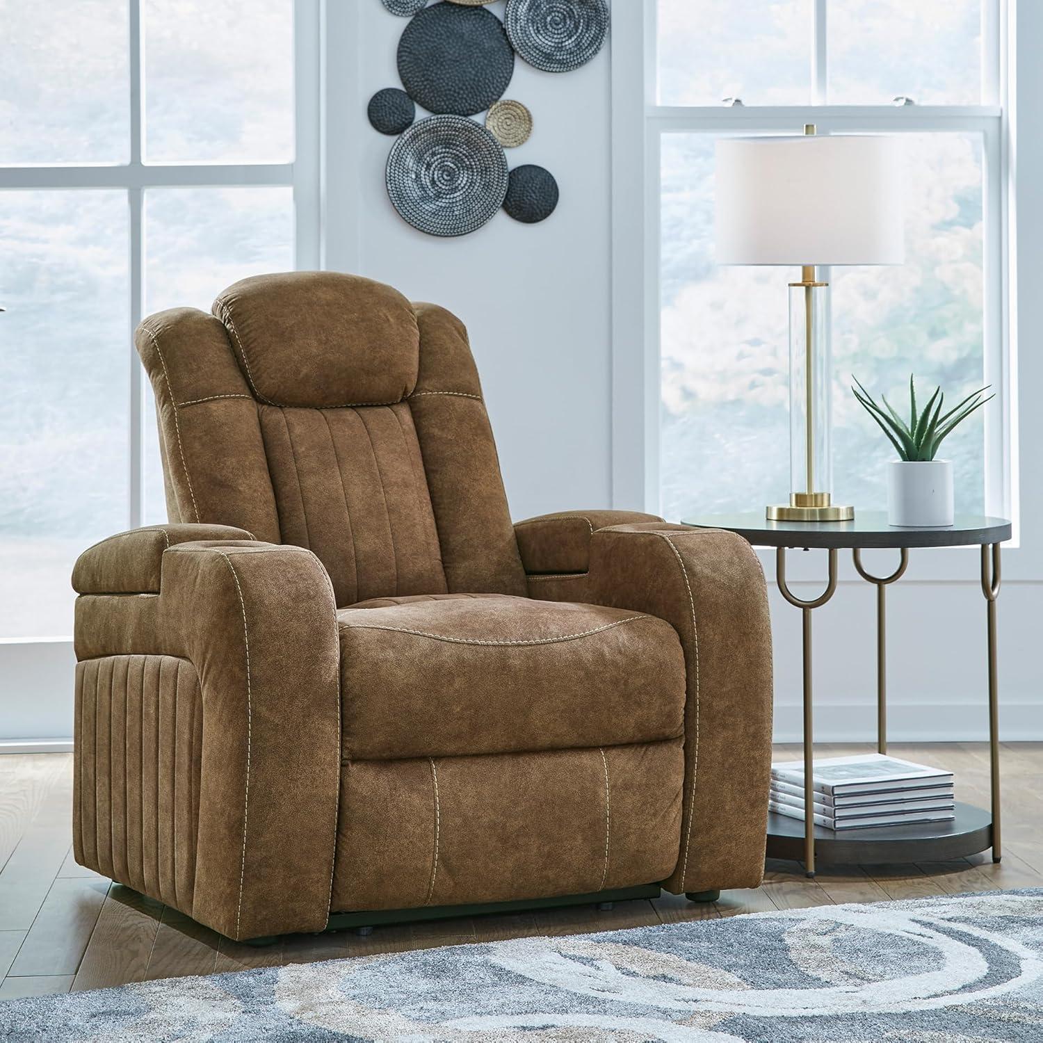 imageSignature Design by Ashley Caveman Den Modern Faux Leather Wall Hugger Power Recliner with Adjustable Headrest Storage Wireless USB Ports and LED Lights BlackBrown