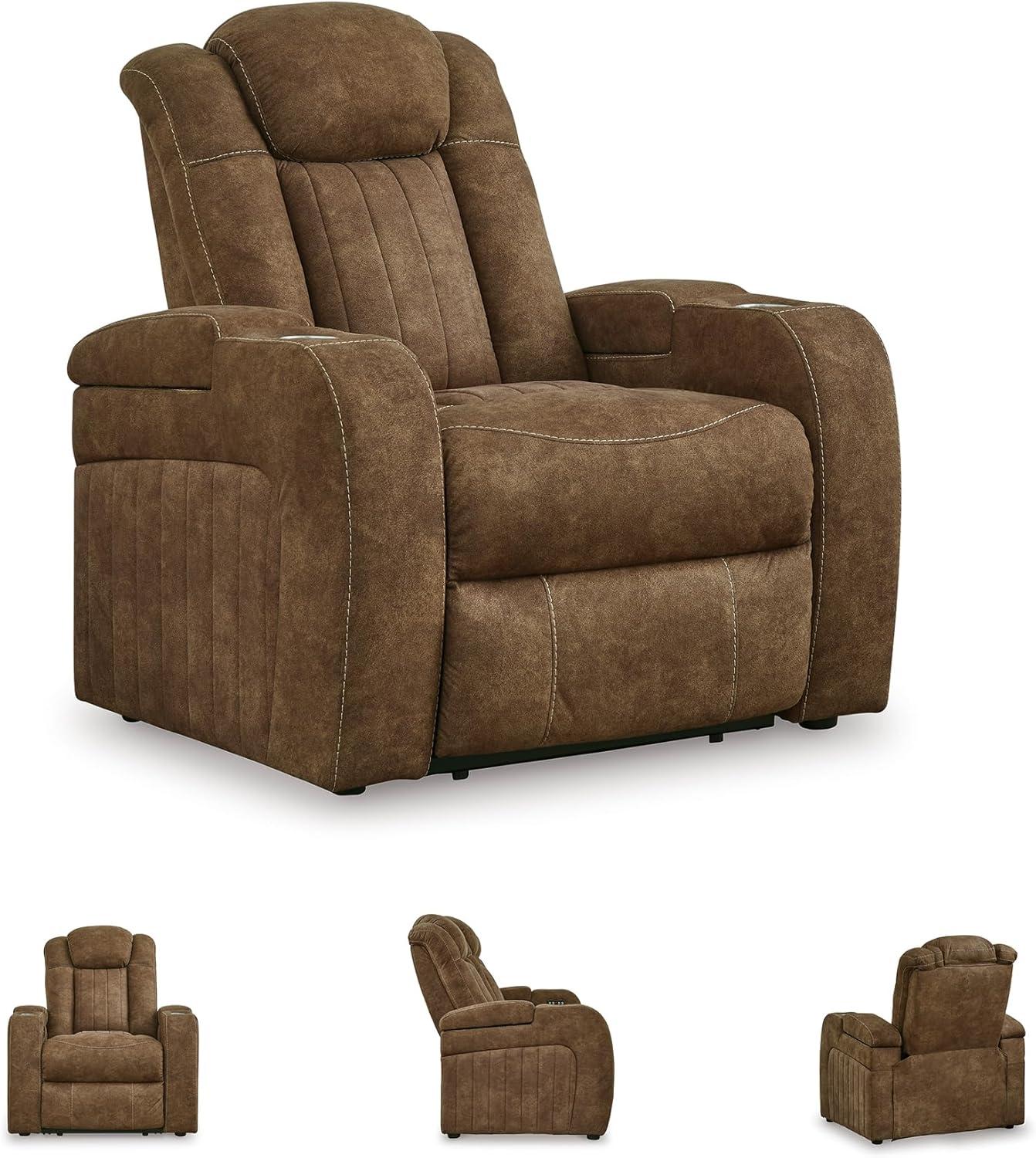 imageSignature Design by Ashley Caveman Den Modern Faux Leather Wall Hugger Power Recliner with Adjustable Headrest Storage Wireless USB Ports and LED Lights BlackBrown