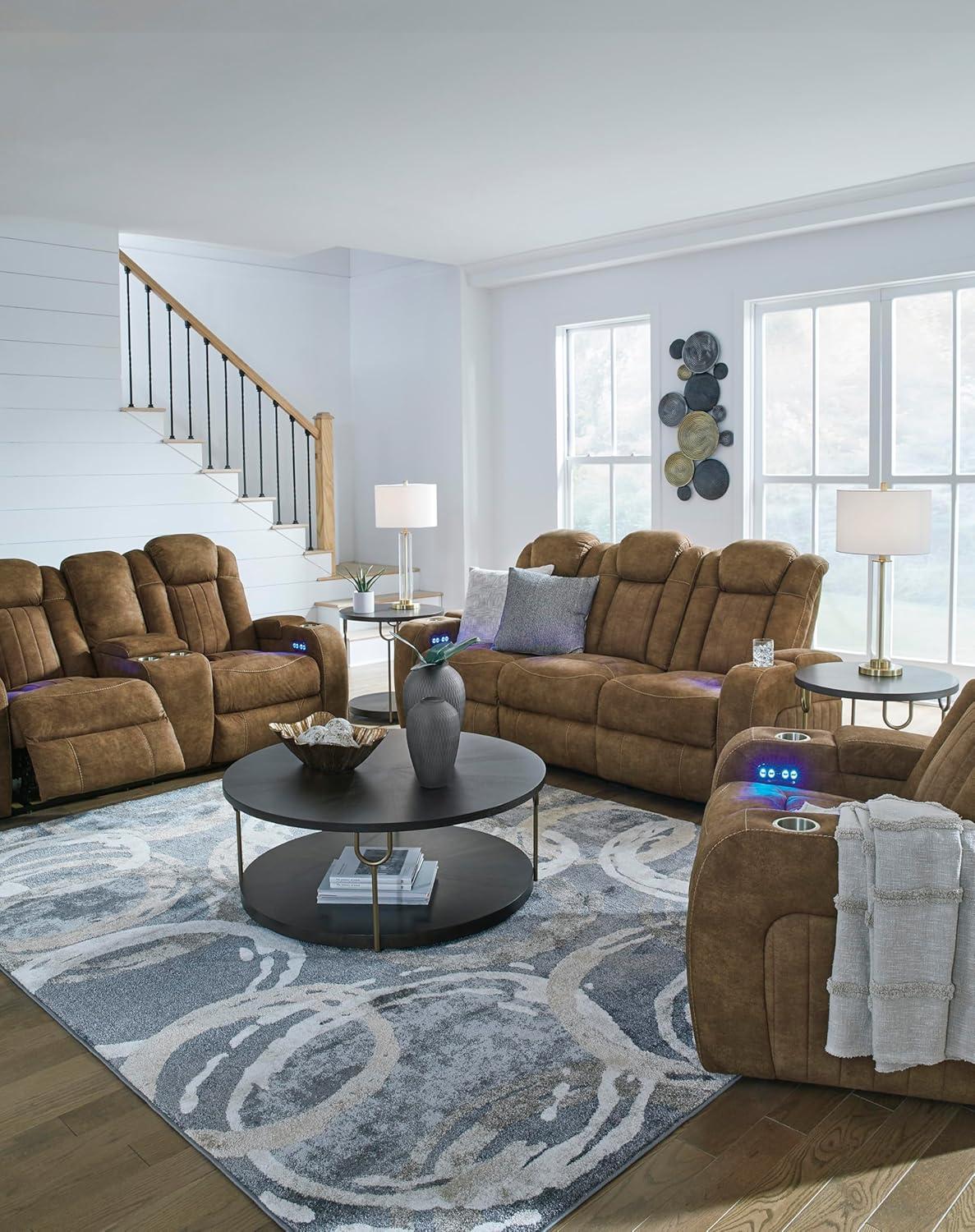 imageSignature Design by Ashley Caveman Den Modern Faux Leather Wall Hugger Power Recliner with Adjustable Headrest Storage Wireless USB Ports and LED Lights BlackBrown