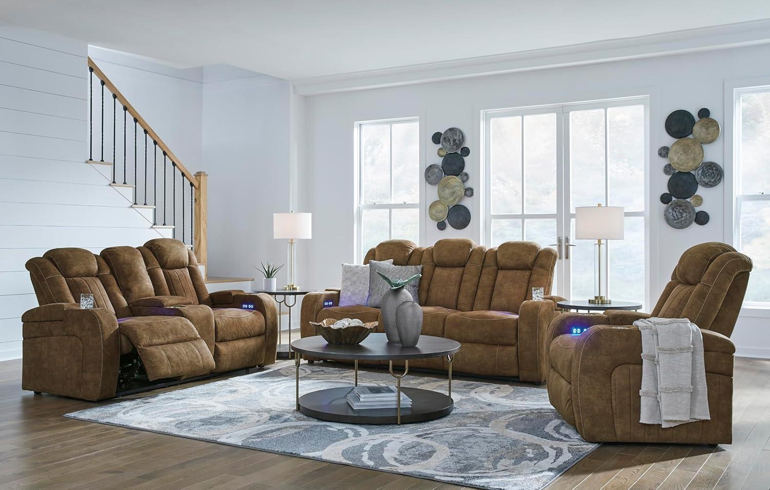 imageSignature Design by Ashley Caveman Den Modern Faux Leather Wall Hugger Power Recliner with Adjustable Headrest Storage Wireless USB Ports and LED Lights BlackBrown