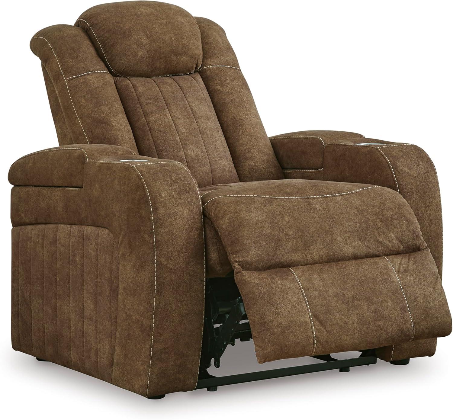 imageSignature Design by Ashley Caveman Den Modern Faux Leather Wall Hugger Power Recliner with Adjustable Headrest Storage Wireless USB Ports and LED Lights BlackBrown