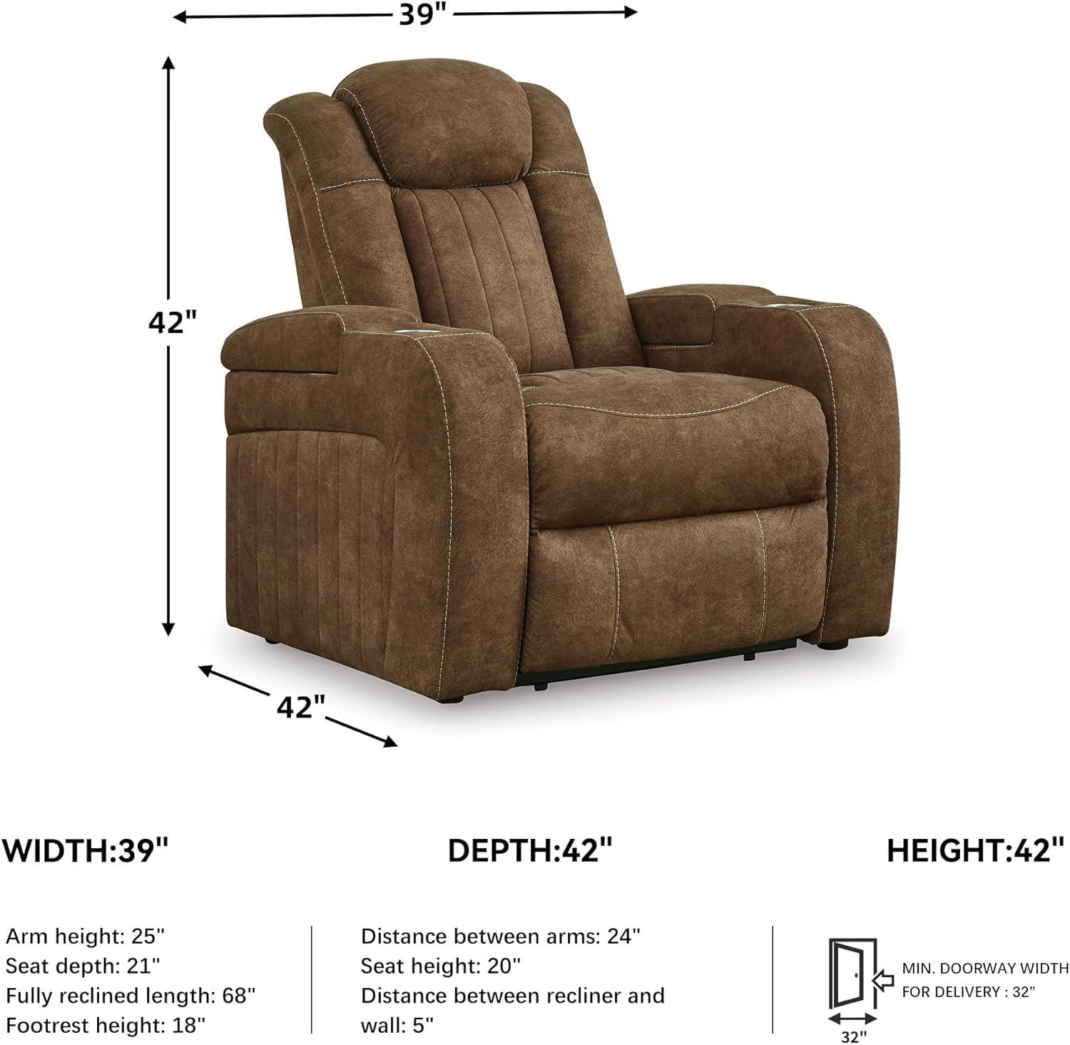 imageSignature Design by Ashley Caveman Den Modern Faux Leather Wall Hugger Power Recliner with Adjustable Headrest Storage Wireless USB Ports and LED Lights BlackBrown