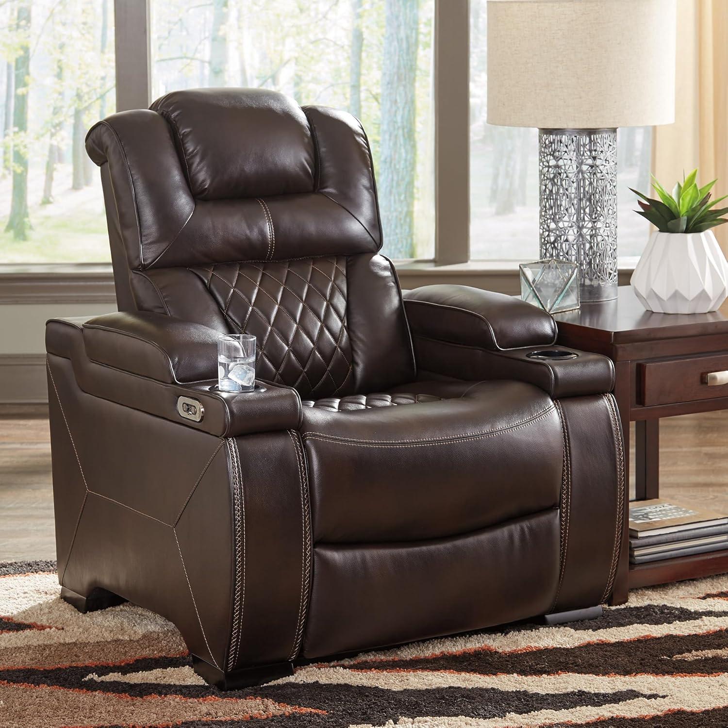 imageSignature Design by Ashley Caveman Den Modern Faux Leather Wall Hugger Power Recliner with Adjustable Headrest Storage Wireless USB Ports and LED Lights BlackDark Brown