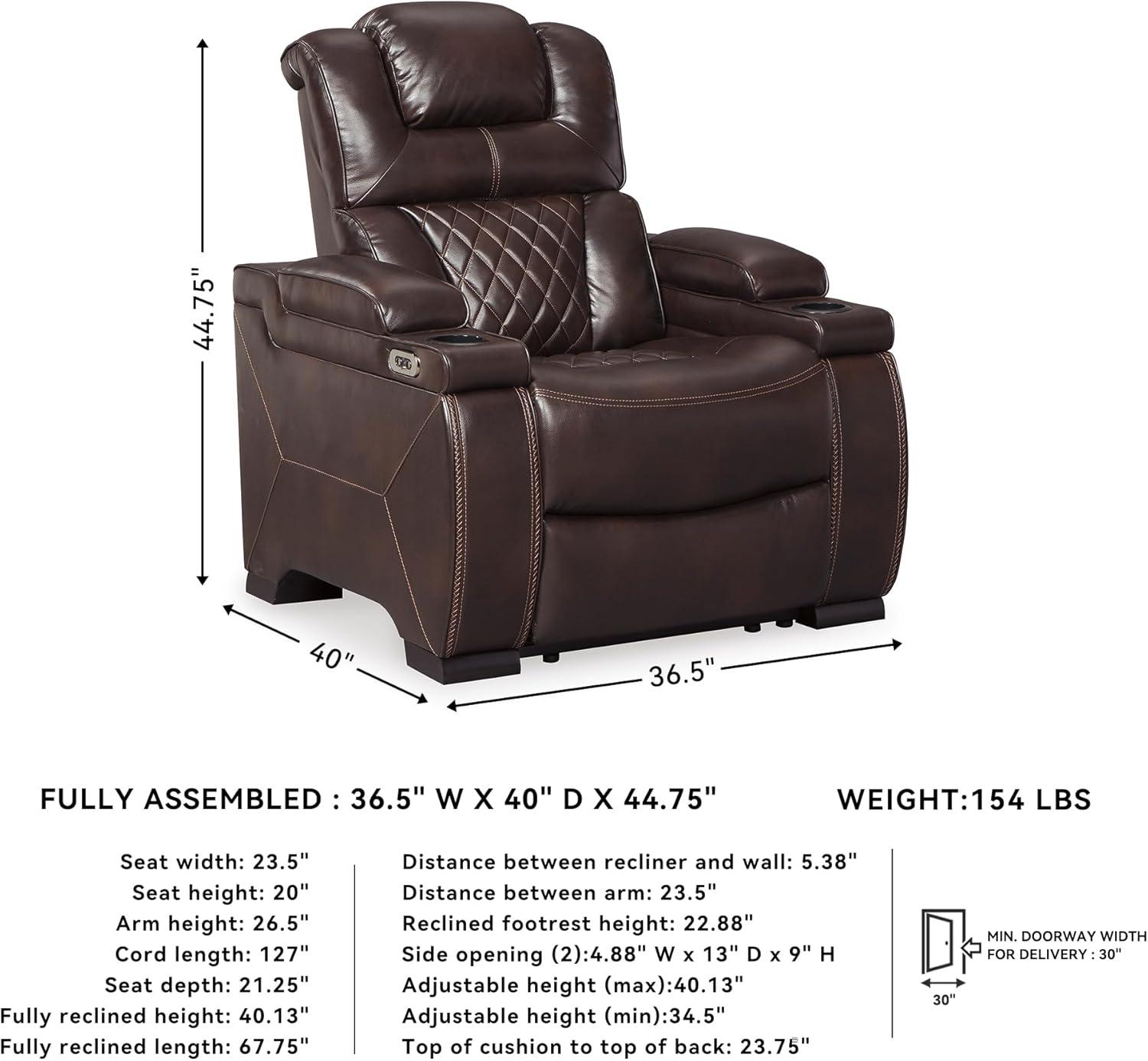 imageSignature Design by Ashley Caveman Den Modern Faux Leather Wall Hugger Power Recliner with Adjustable Headrest Storage Wireless USB Ports and LED Lights BlackDark Brown