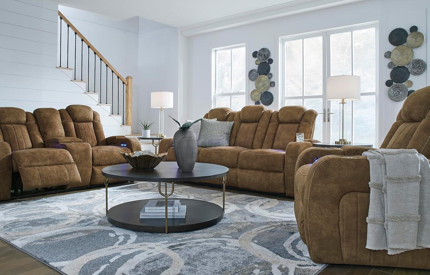 imageSignature Design by Ashley Caveman Den Modern Faux Leather Wall Hugger Power Recliner with Adjustable Headrest Storage Wireless USB Ports and LED Lights BlackBrown