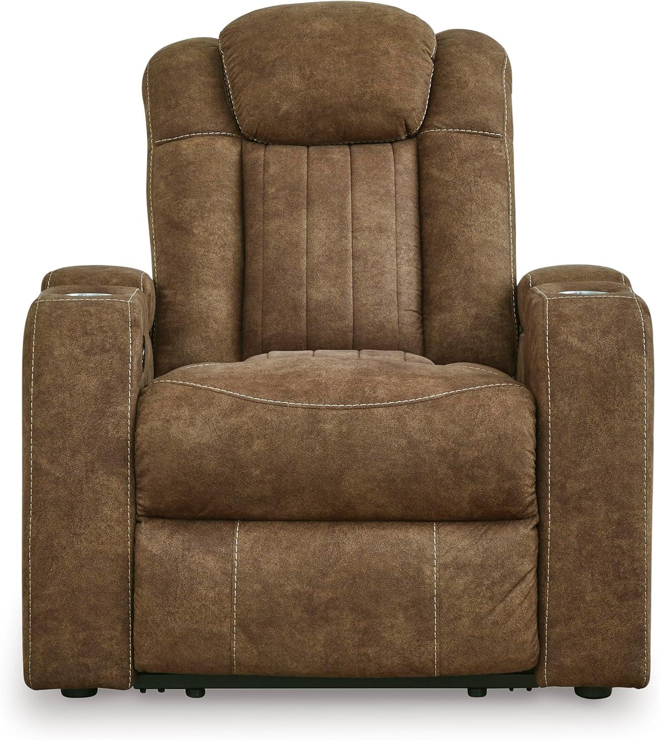 imageSignature Design by Ashley Caveman Den Modern Faux Leather Wall Hugger Power Recliner with Adjustable Headrest Storage Wireless USB Ports and LED Lights BlackBrown