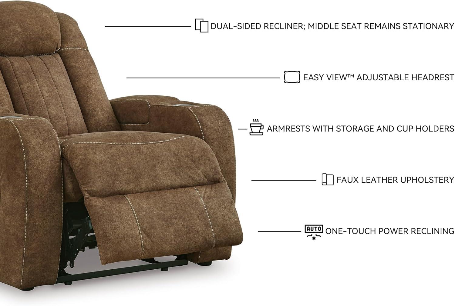 imageSignature Design by Ashley Caveman Den Modern Faux Leather Wall Hugger Power Recliner with Adjustable Headrest Storage Wireless USB Ports and LED Lights BlackBrown