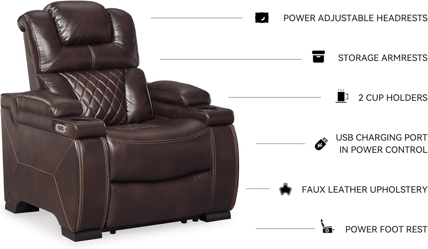 imageSignature Design by Ashley Caveman Den Modern Faux Leather Wall Hugger Power Recliner with Adjustable Headrest Storage Wireless USB Ports and LED Lights BlackDark Brown