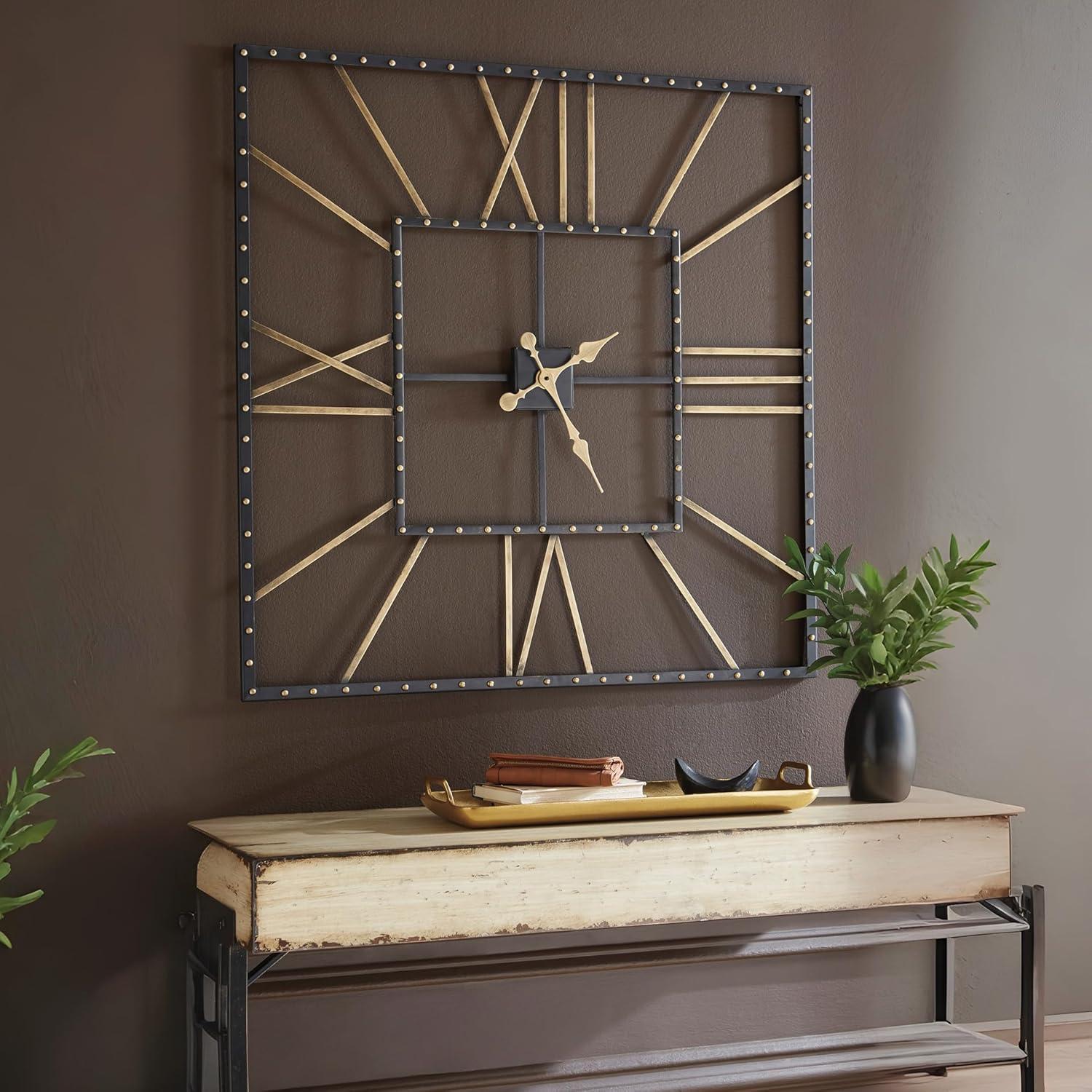 imageSignature Design by Ashley Thames Modern 40quot Square Metal Roman Numeral Wall Clock Black ampamp Gold