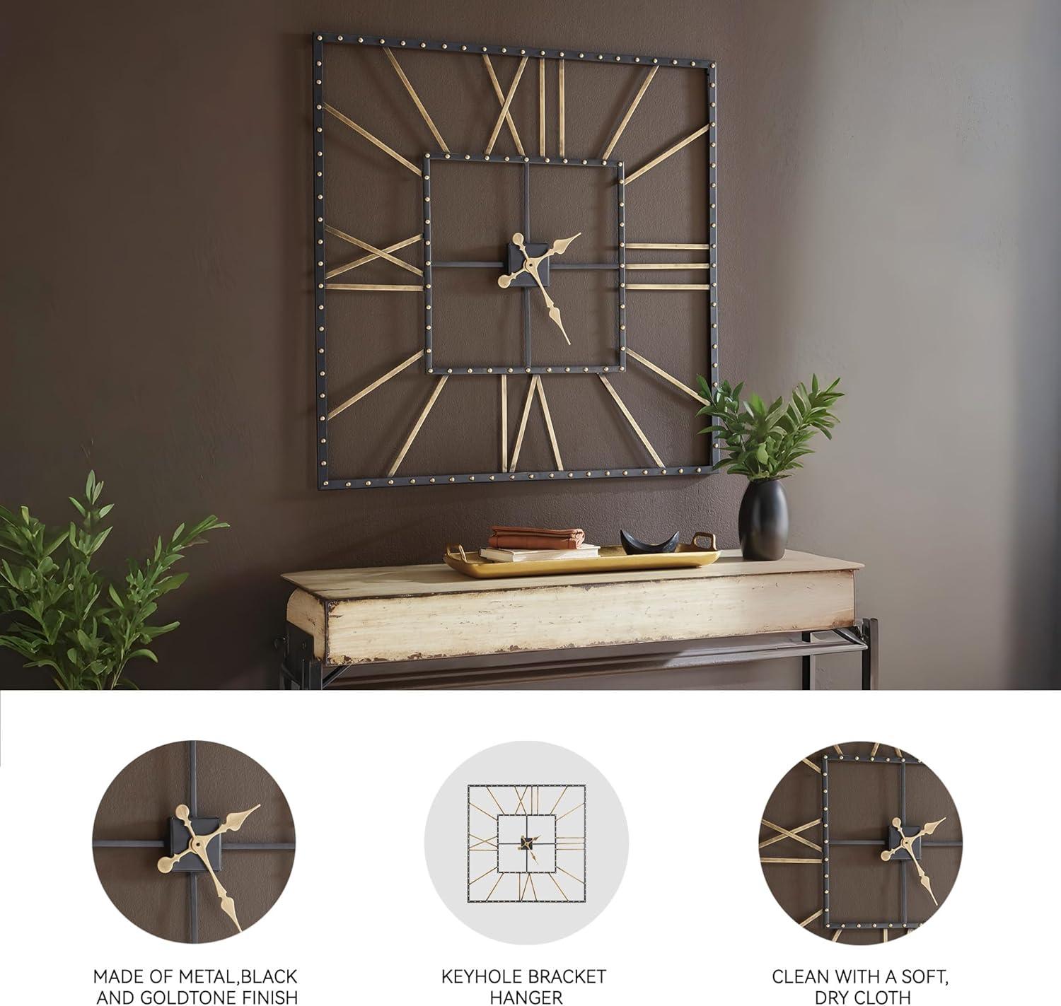 imageSignature Design by Ashley Thames Modern 40quot Square Metal Roman Numeral Wall Clock Black ampamp Gold