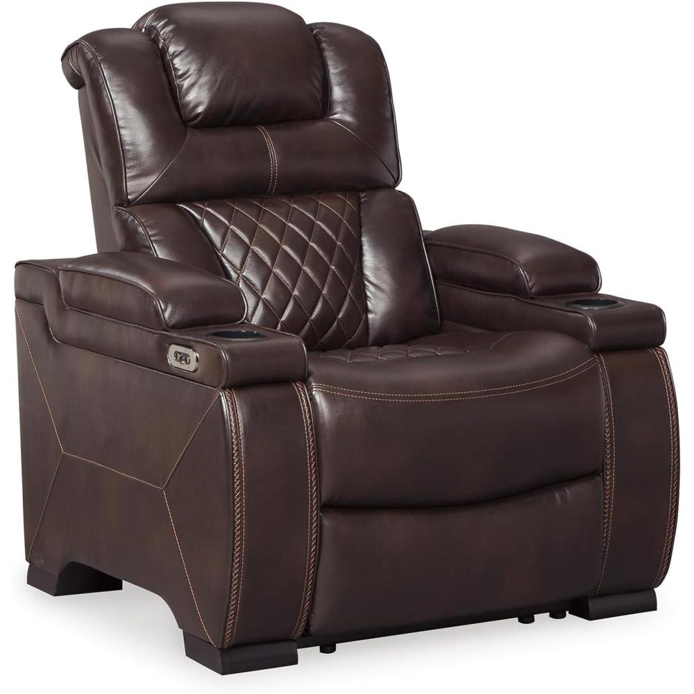 imageSignature Design by Ashley Caveman Den Modern Faux Leather Wall Hugger Power Recliner with Adjustable Headrest Storage Wireless USB Ports and LED Lights BlackDark Brown