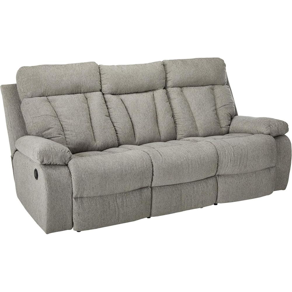 imageSignature Design by Ashley Mitchiner Contemporary Manual Reclining Sofa with Center Drop Down ampamp Cup Holders GrayReclining Sofa