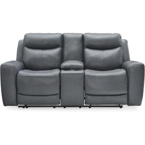 Signature Design by Ashley Mindanao Modern Leather Match Upholstered Power Reclining Loveseat with Console, USB Ports and Cup Holders, Gray